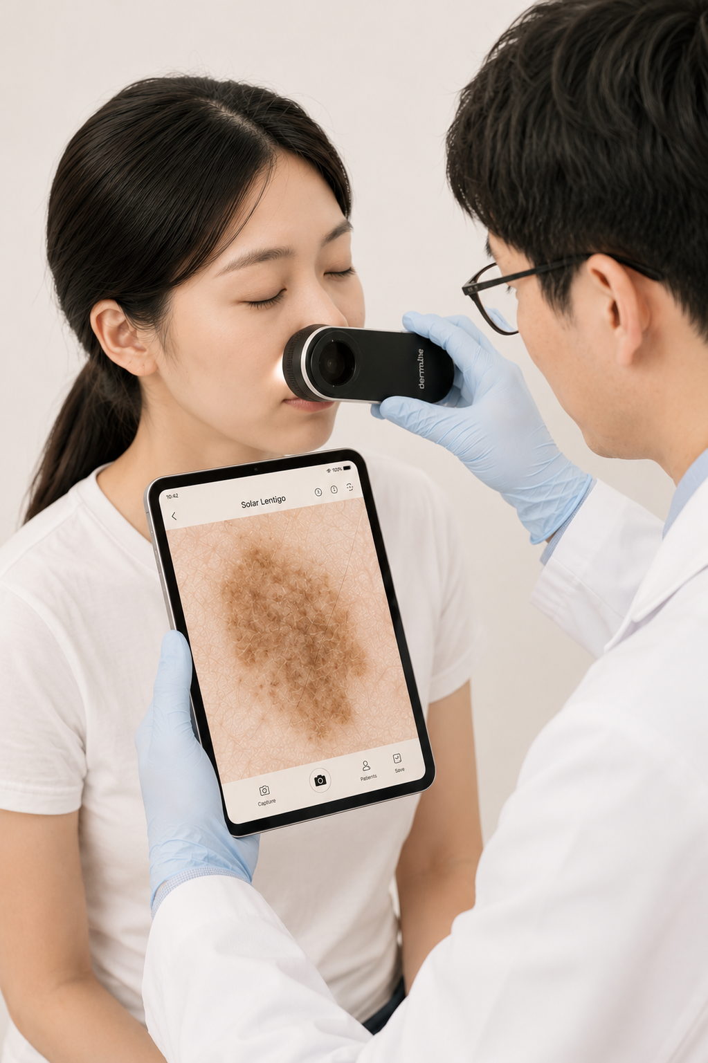 피부 상태를 관찰하고 색소를 분석하는 진단 장면