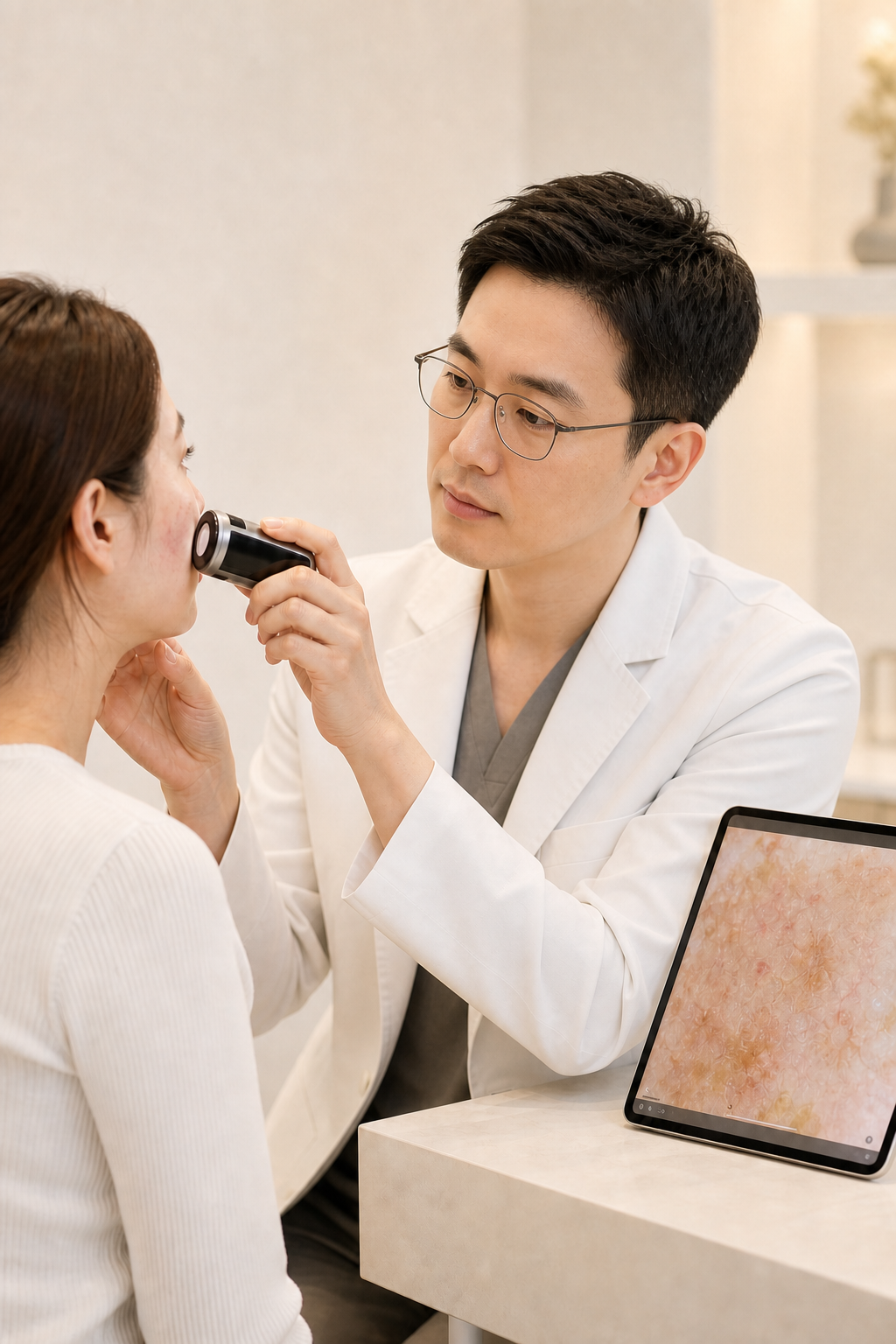 색소 병변을 진단하는 피부 진료 장면